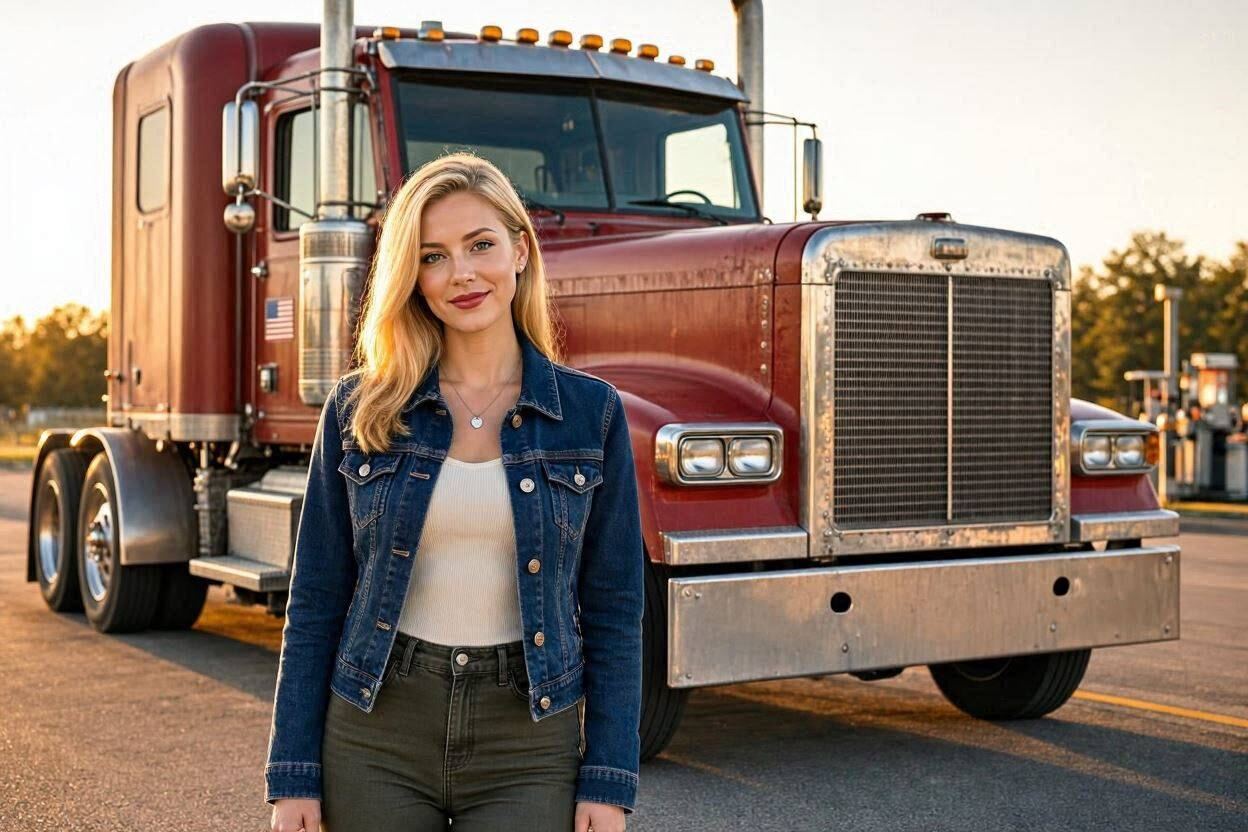 A woman standing beside a red semi truck on a highway at sunset, representing the Truckers Dating community