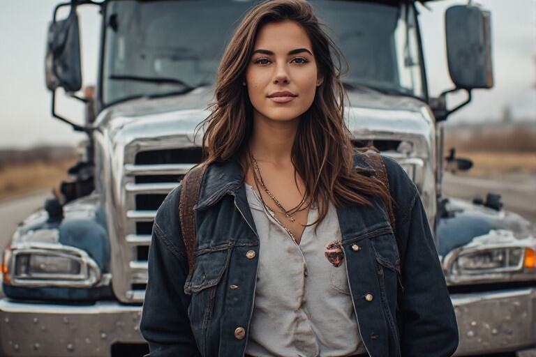 A woman standing beside a chrome semi truck grille, representing a member of a trucker-specific dating platform