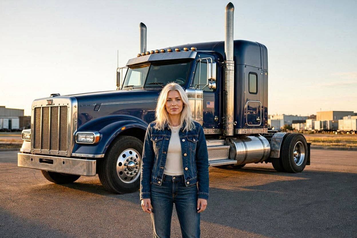 A blue semi truck at a major USA trucking hub, representing Truckers Dating's coast-to-coast reach